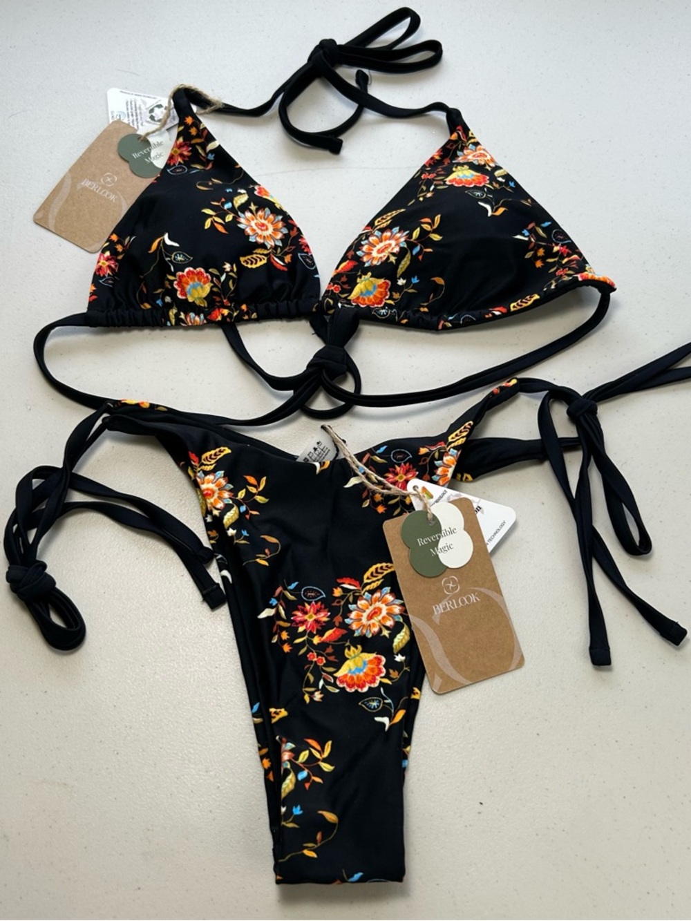 Berlook Bikini Set XS Black Reversible Floral Halter Too Tie Bottom Swimwear